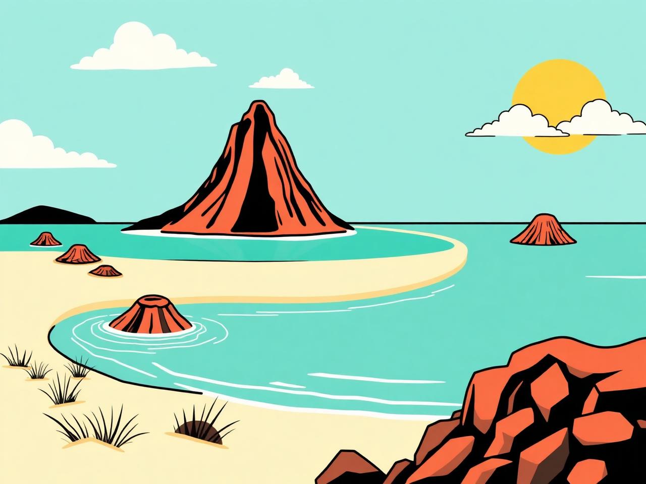 Illustration of a Galápagos tortoise and marine iguana on a sunny beach