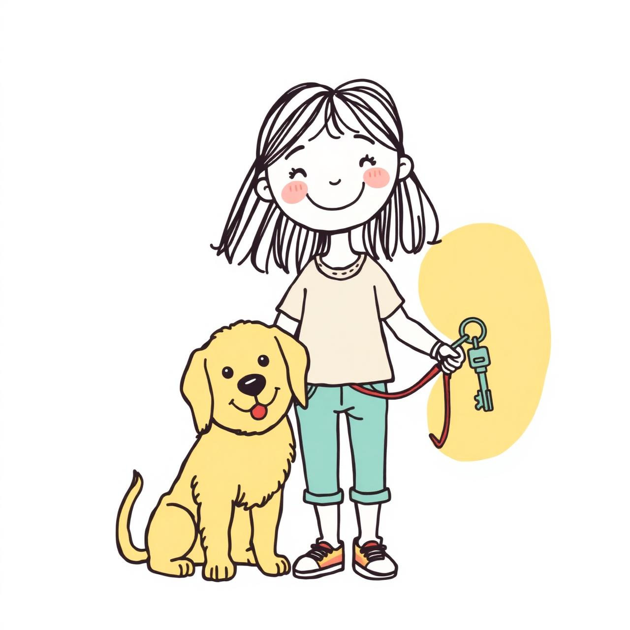 Illustration of Addyson smiling with a golden puppy and a house key